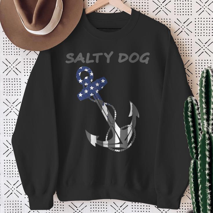 Salty Dog Blue And Grey American Flag Anchor Sweatshirt Gifts for Old Women