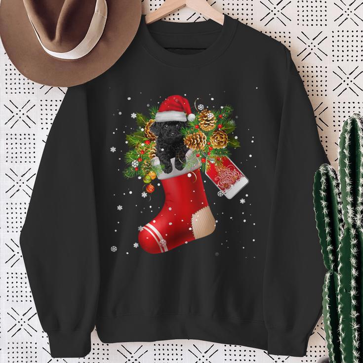 Santa Black Toy Poodle In Christmas Sock Pajama Sweatshirt Gifts for Old Women