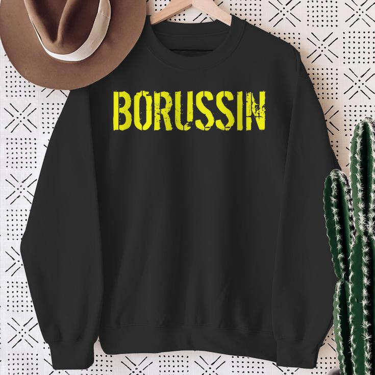 Schwarzes Sweatshirt mit gelbem BORUSSIN Schriftzug, Fußballfan Bekleidung Geschenke für alte Frauen