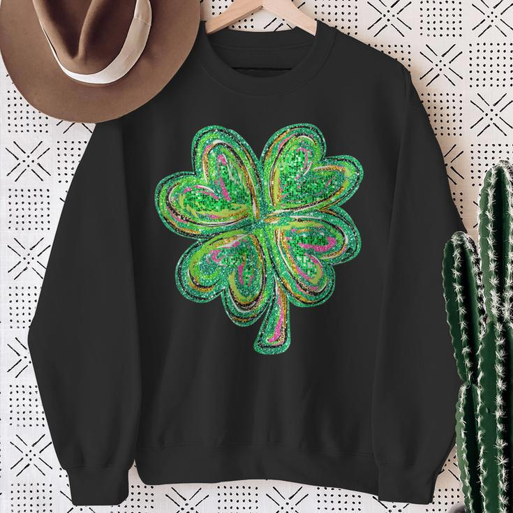 Shamrock Sequins Effect Clover Happy St Patrick's Day Womens Sweatshirt Gifts for Old Women