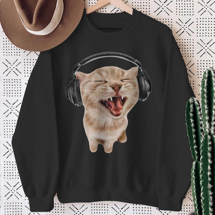 Silly Cat With Headphones Sweatshirt Gifts for Old Women