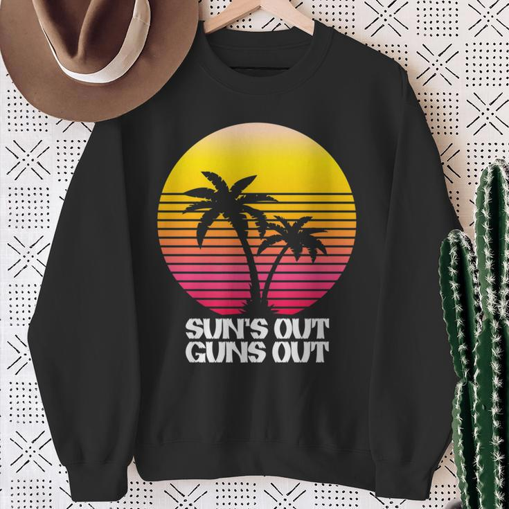 Suns Out Guns Out Retro 80S Beach Scene Palm Tree Sunset Sweatshirt Gifts for Old Women