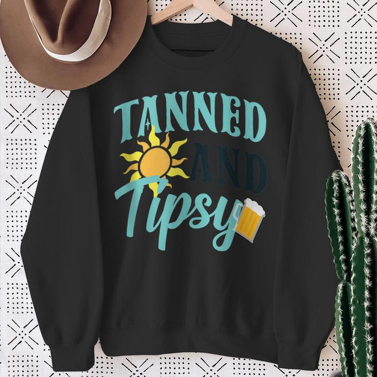 Tanned And Tipsy Vacation Quote Sweatshirt Gifts for Old Women
