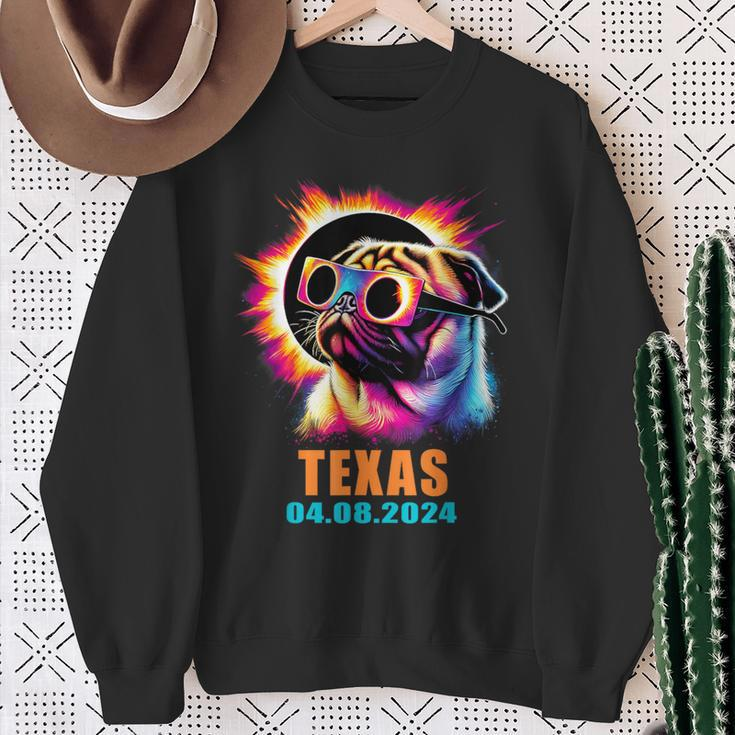 Texas Total Solar Eclipse 2024 Pug Dog With Glasses Sweatshirt Gifts for Old Women
