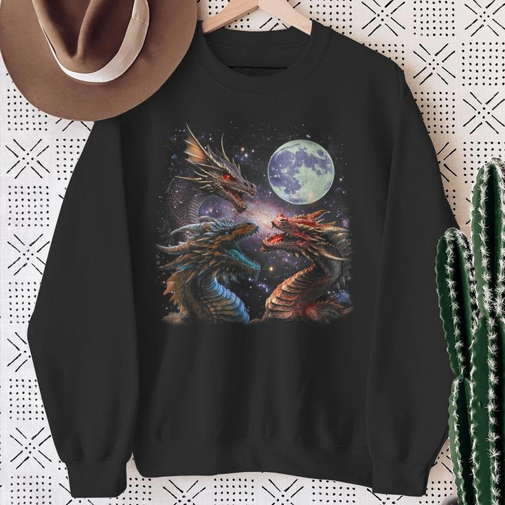 Three Dragon Starry Night Dragon Animal Howling At The Moon Sweatshirt Gifts for Old Women