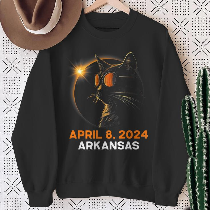 Total Solar Eclipse 2024 Arkansas Cat Lover Wearing Glasses Sweatshirt Gifts for Old Women