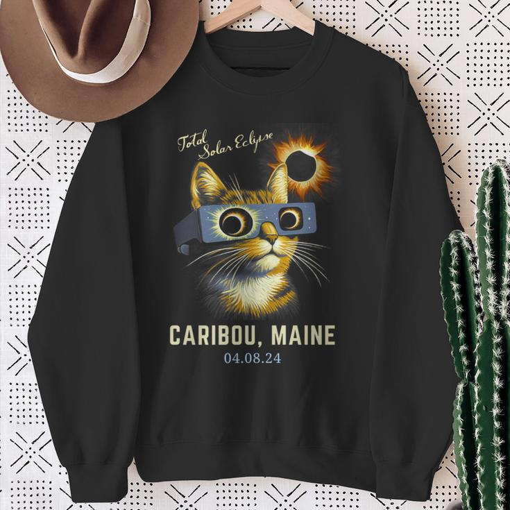 Total Solar Eclipse 2024 Caribou Maine Totality Cat Sweatshirt Gifts for Old Women