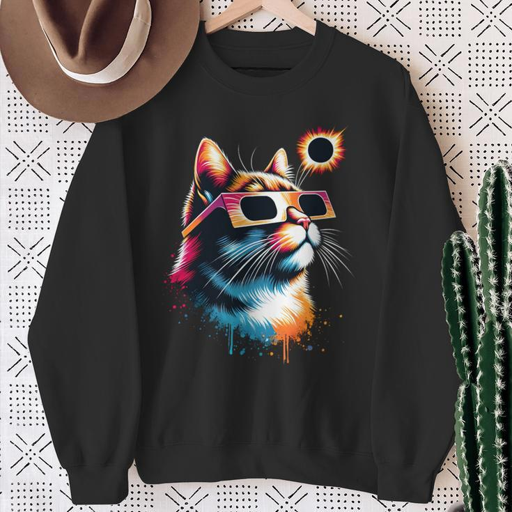 Total Solar Eclipse Cat 2024 Colorful With Eclipse Glasses Sweatshirt Gifts for Old Women