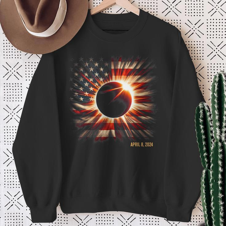 Totality 2024 American Flag Total Solar Eclipse Sweatshirt Gifts for Old Women