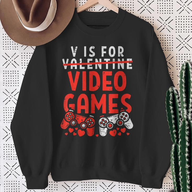 V Is For Video Games Valentine Gamer Valentines Day Boy Sweatshirt Gifts for Old Women