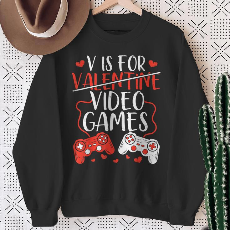 V Is For Video Games Valentine Gamer Valentines Day Boy Sweatshirt Gifts for Old Women