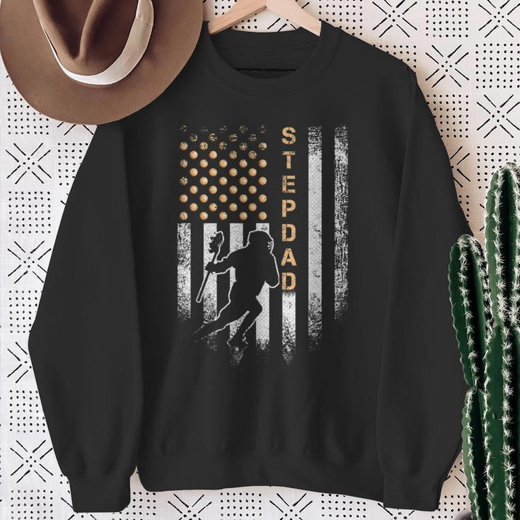 Vintage American Flag Proud Lacrosse Stepdad Lax Silhouette Sweatshirt Gifts for Old Women