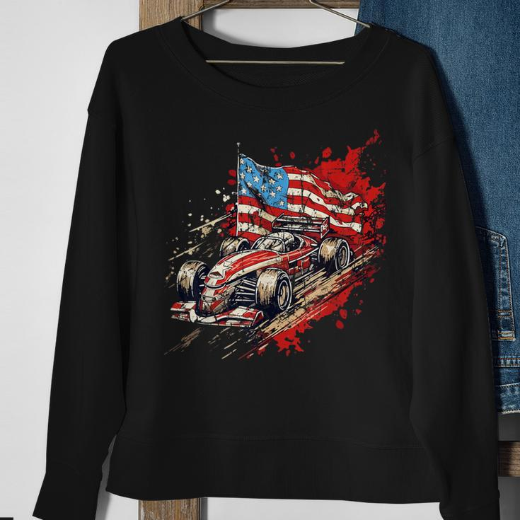 Vintage Auto Racing Car American Flag 4Th Of July Auto Race Sweatshirt Gifts for Old Women