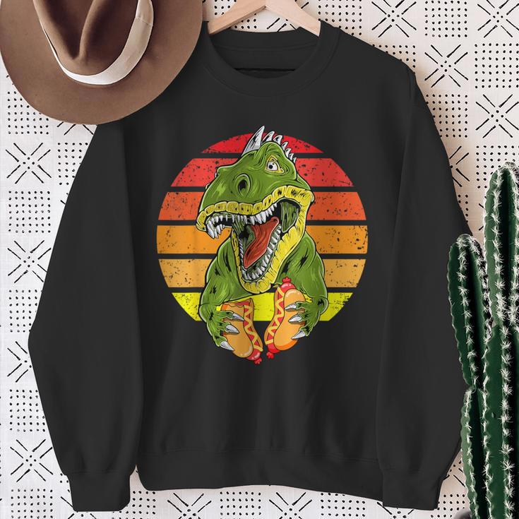 Vintage Dinosaur Eating Hot Dog Food Lover T-Rex Sweatshirt Gifts for Old Women