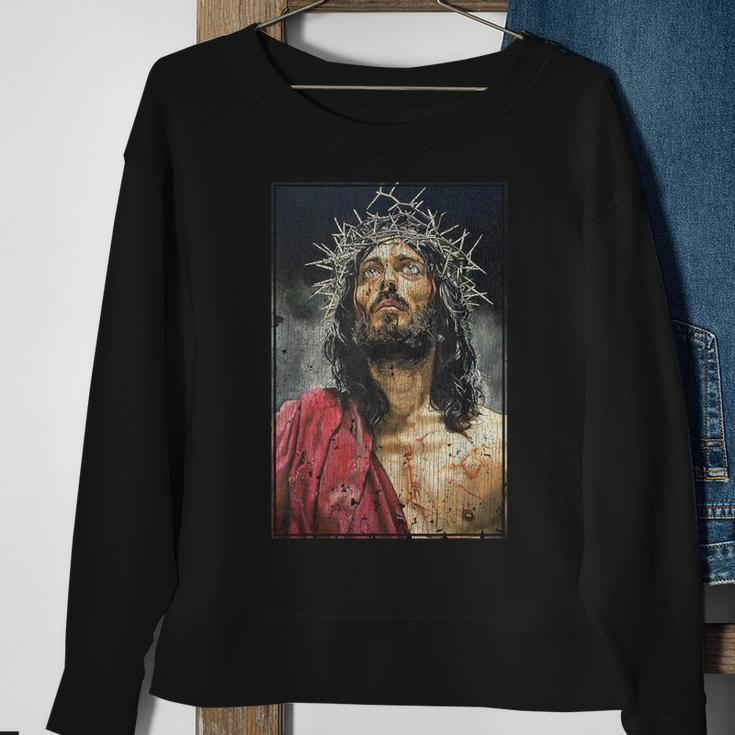 Vintage Face Of Jesus On A Cross With Crown Of Thorns Sweatshirt Gifts for Old Women