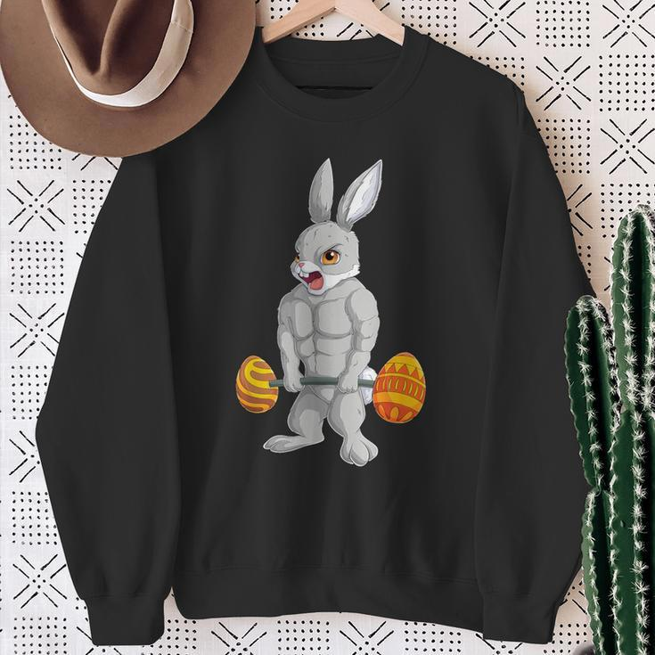 Weightlifting Fitness Gym Happy Easter Bunny Lifting Eggs Sweatshirt Gifts for Old Women