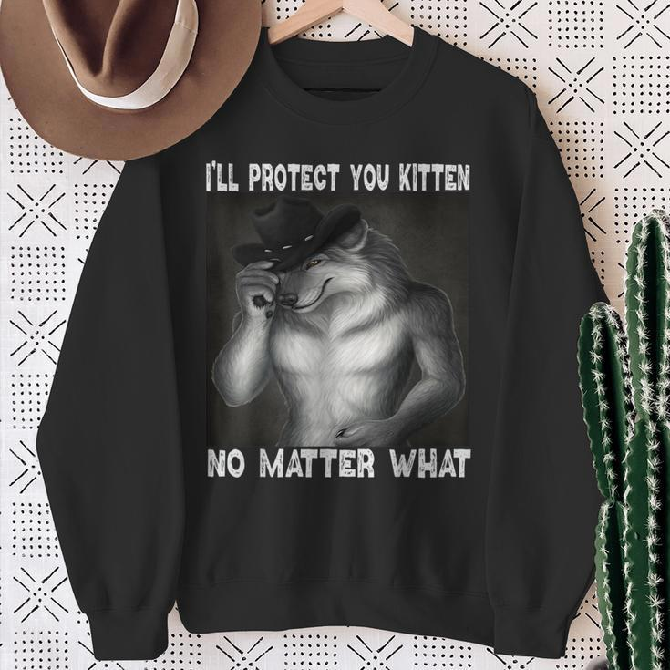 Werewolf Ripping Off Alpha Wolf Meme I'll Protect You Kitten Sweatshirt Gifts for Old Women