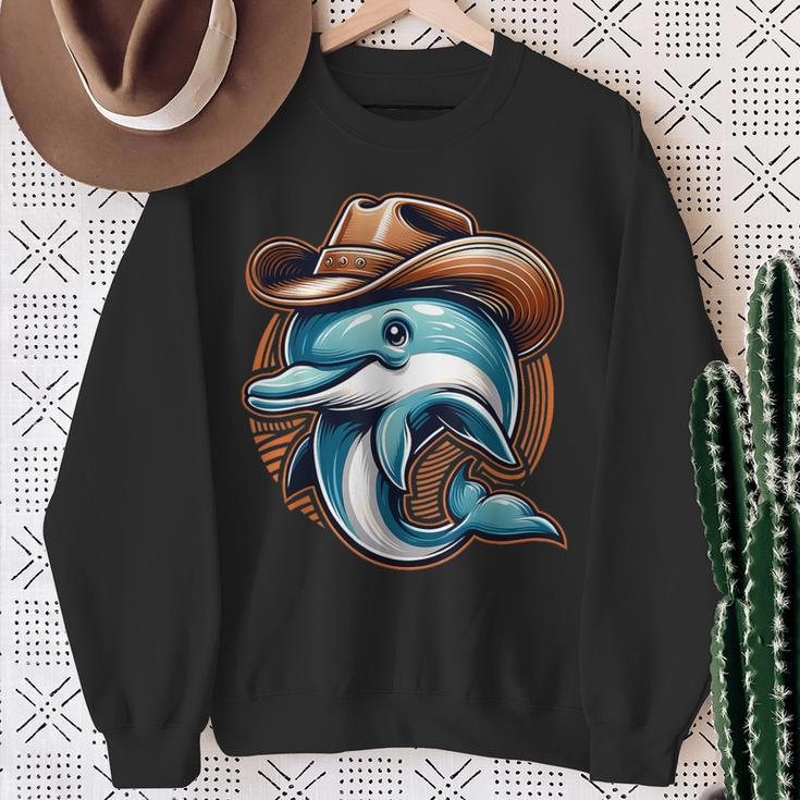 Wild Western Howdy Dolphin Sea Ocean Animal Lover Cowboy Hat Sweatshirt Gifts for Old Women