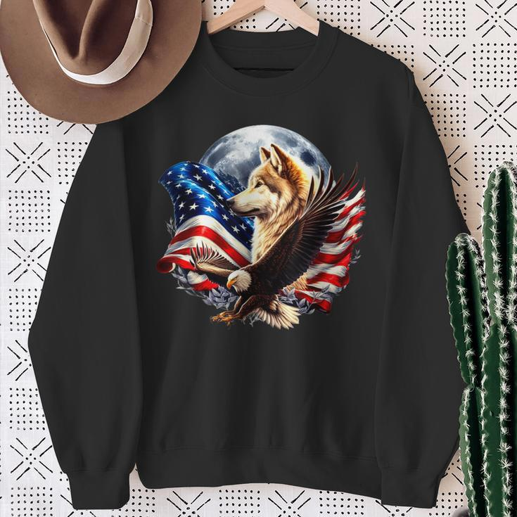 Wolf Bald Eagle American Flag Full Moon New Years Wolf Lover Sweatshirt Gifts for Old Women