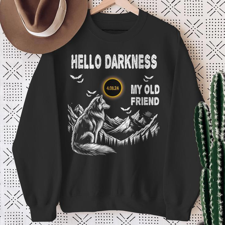 Wolf Hello Darkness My Old Friend Solar Eclipse April 8 2024 Sweatshirt Gifts for Old Women