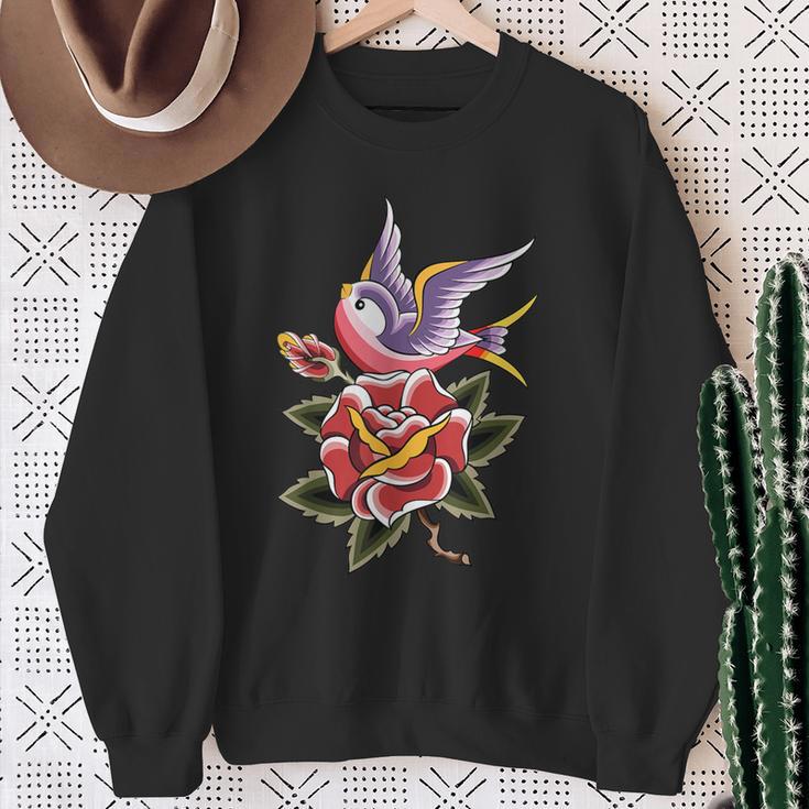 Women's Rose Swallow Vintage Retro Tattoo Sweatshirt Gifts for Old Women