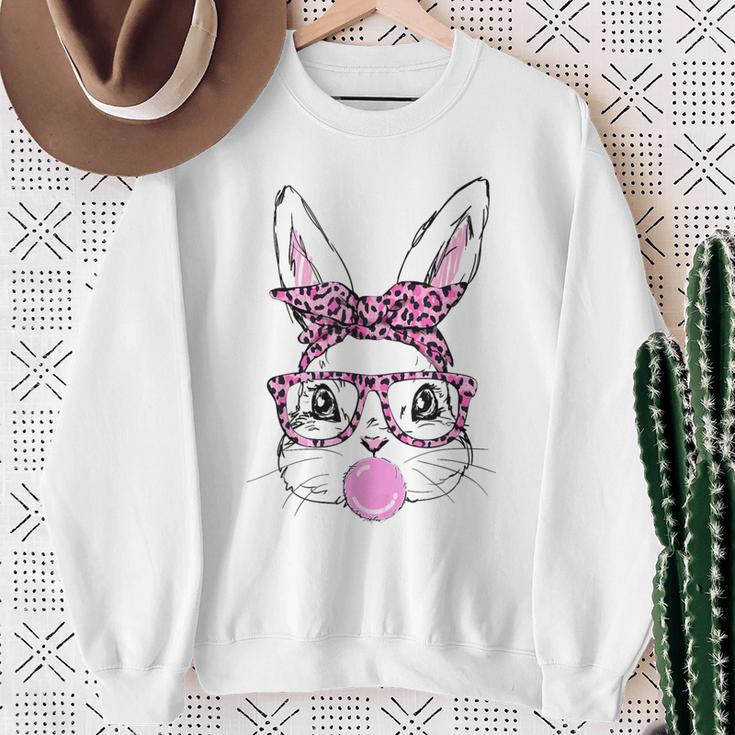 Cute Bunny Face Pink Glasses Leopard Bublegum Easter Day Sweatshirt Gifts for Old Women