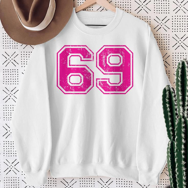 Number 69 Varsity Distressed Vintage Sport Team Player's Sweatshirt Gifts for Old Women
