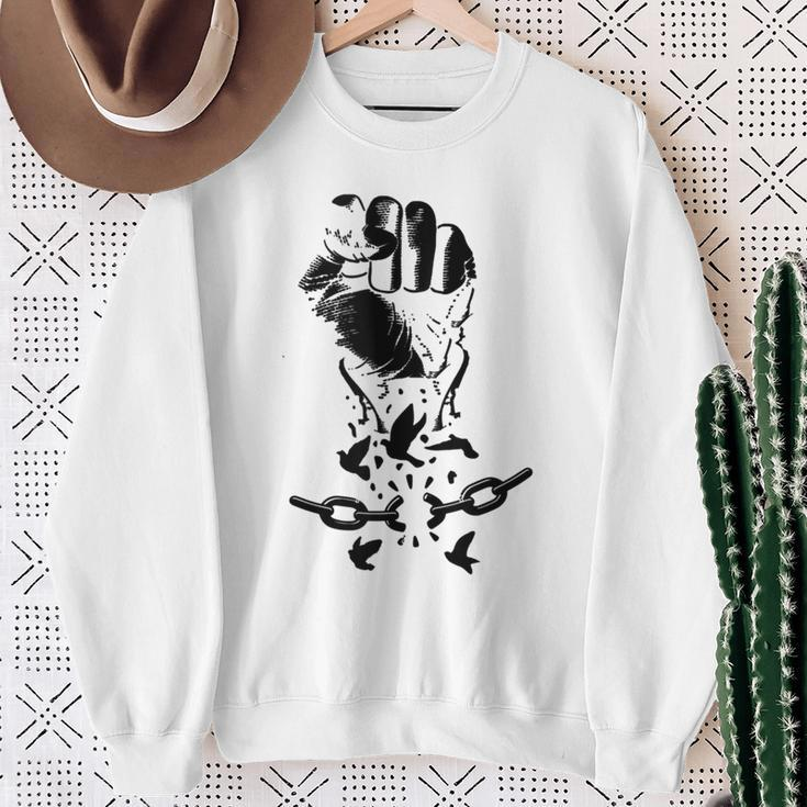 Raised Hand Clenched Fist Broken Chain Birds Black Freedom Sweatshirt Gifts for Old Women