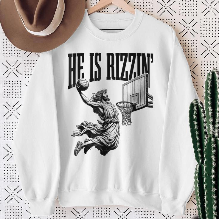 He Is Rizzin Basketball Jesus Retro Easter Christian Sweatshirt Gifts for Old Women