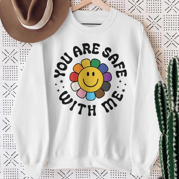 You Are Safe With Me Lgbtq Pride Ally Smile Face Back Sweatshirt Gifts for Old Women