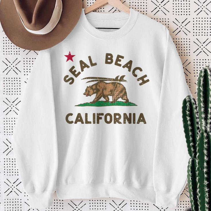 Seal Beach California Beach Flag Bear Surf Ca Vintage Sweatshirt Gifts for Old Women