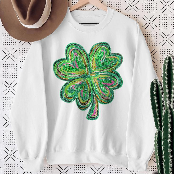 Shamrock Sequin Effect St Patrick's Day Four Leaf Clover Sweatshirt Gifts for Old Women