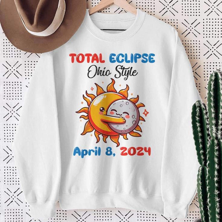 Sun Moon Hug Together Total Eclipse Ohio Style April 8 2024 Sweatshirt Gifts for Old Women