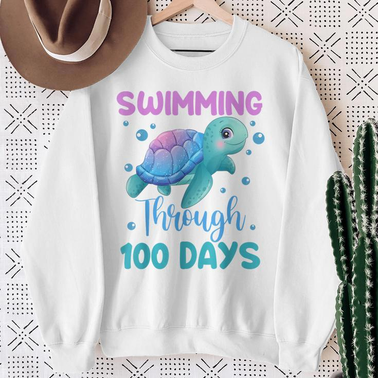 Swimming Through 100 Days Cute Turtle 100Th Day Of School Sweatshirt Gifts for Old Women