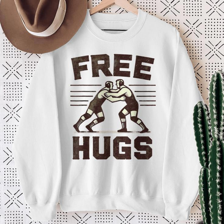 Vintage Wrestler Free Hugs Humor Wrestling Match Sweatshirt Gifts for Old Women