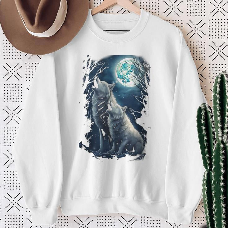 White Wolves Howling At Moon Vintage Wolf Lover Sweatshirt Gifts for Old Women