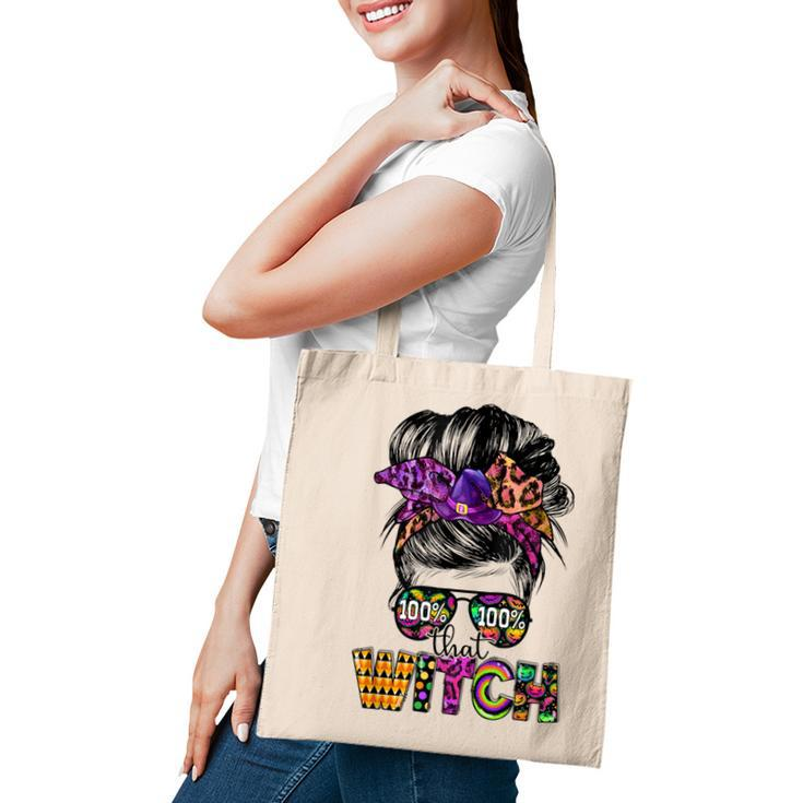 100 That Witch Halloween Costume Messy Bun Skull Witch Girl  Tote Bag