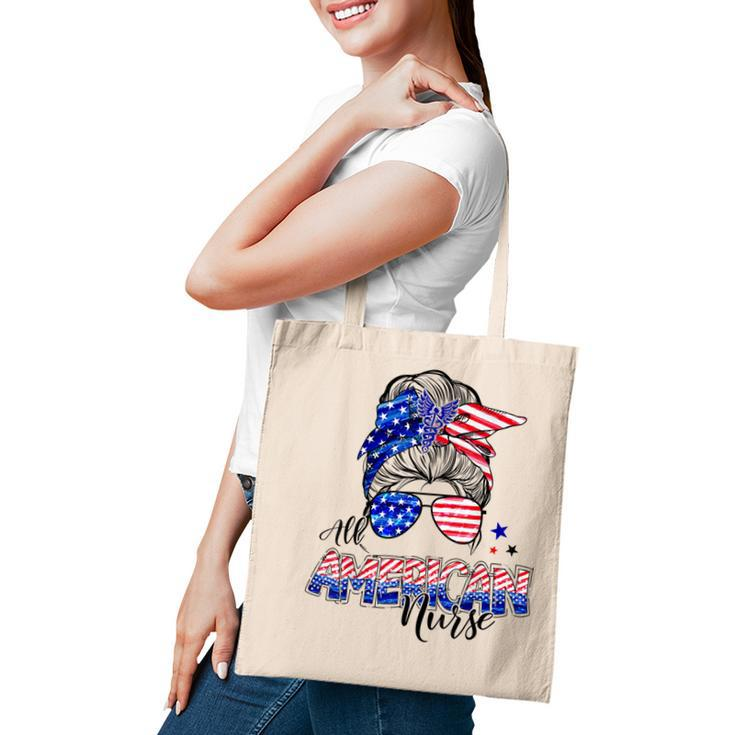 American Flag Patriotic Nurse Messy Bun 4Th Of July  Tote Bag