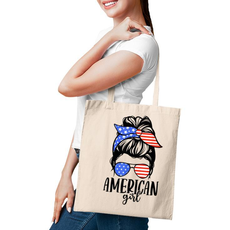 American Girl Messy Hair Bun Usa Flag Patriotic 4Th Of July  Tote Bag