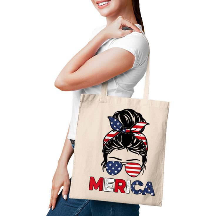 Merica Mom Girl American Flag Messy Bun Hair 4Th Of July Usa V2 Tote Bag