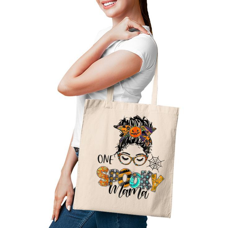 One Spooky Mama For Halloween Messy Bun Mom Monster Bleached  Tote Bag