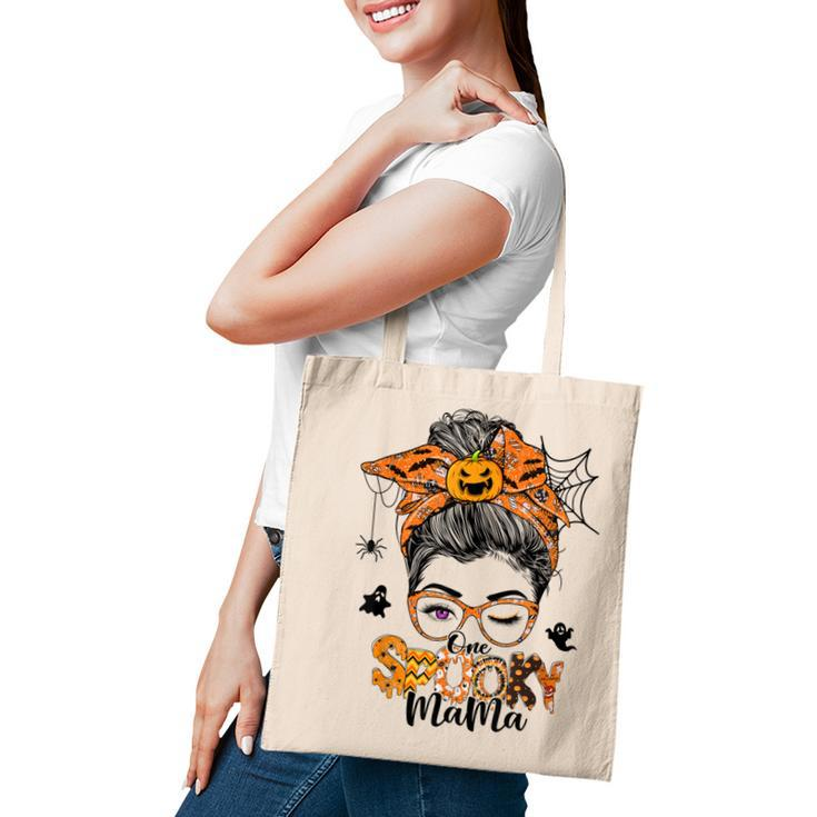 One Spooky Mama For Halloween Messy Bun Mom Monster Bleached  V3 Tote Bag