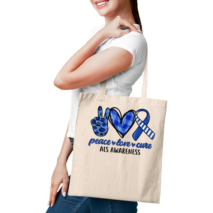 Peace Love Cure Blue & White Ribbon Als Awareness Month  V2 Tote Bag