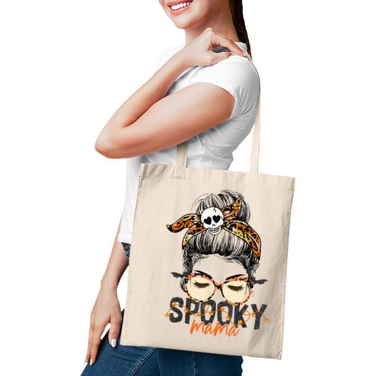 Spooky Mama Halloween Costume Skull Mom Leopard Messy Bun  Tote Bag