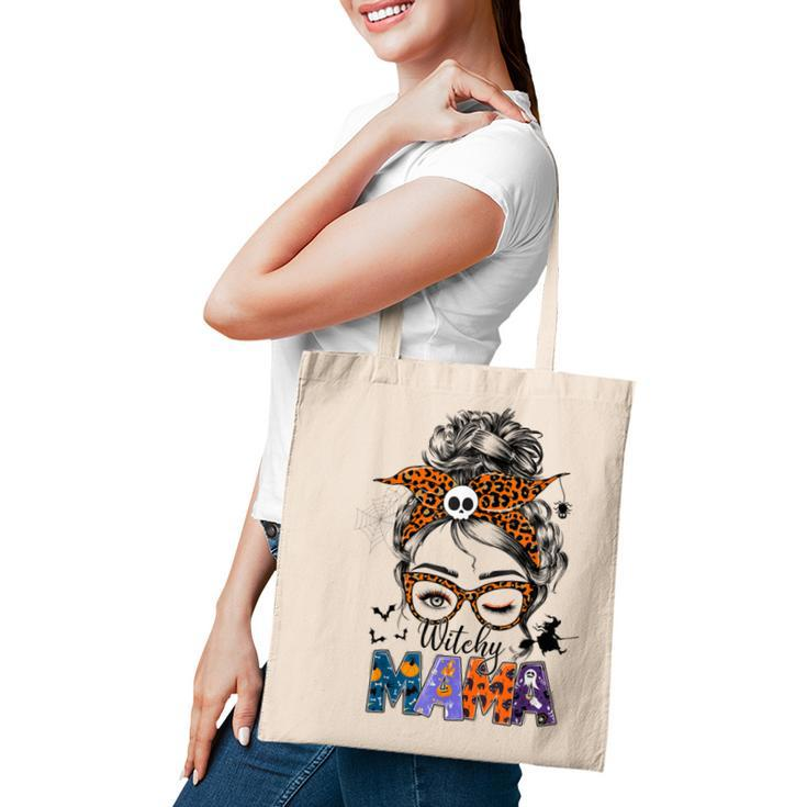 Witchy Mama Halloween Messy Bun Skull Witch Mom Women Spooky  Tote Bag