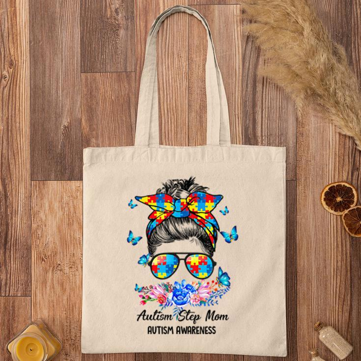 Blue Ribbon Butterfly Step Mom Messy Bun Autism Awareness Tote Bag