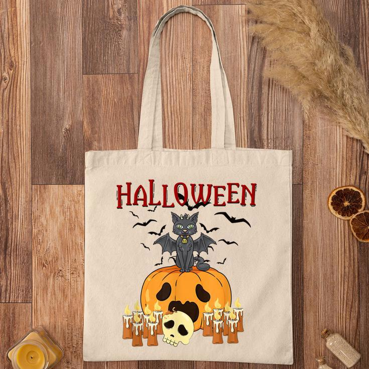 Scary Pumpkin And Vampire Bat Cat Halloween Trick Or Treat Tote Bag