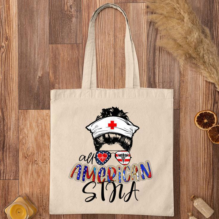 Stna All American Nurse Messy Buns Hair 4Th Of July Day Usa Tote Bag