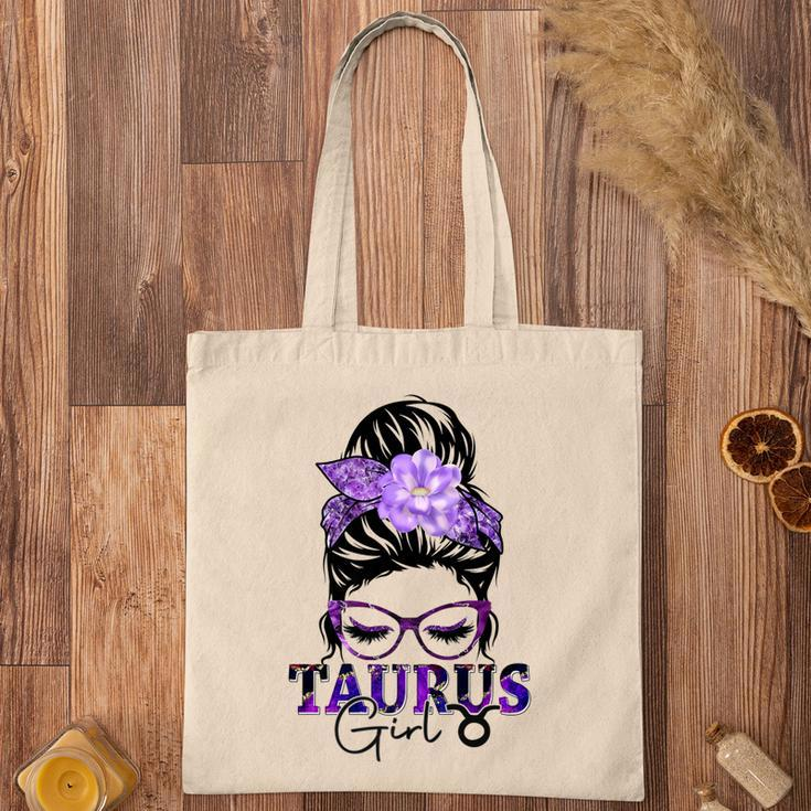 Taurus Girl Birthday Messy Bun Hair Purple Floral Tote Bag