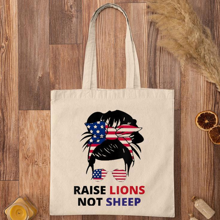 Womens Raise Lions Not Sheep American Flag Sunglasses Messy Bun V-Neck Tote Bag